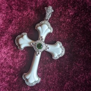 Sterling White Agate Diamond Accent Cross Pendent